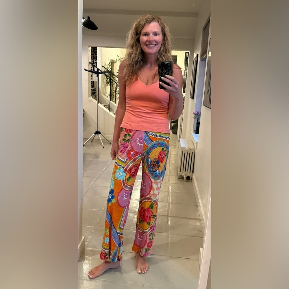 Spell NWT Aphrodite Bias Pant Rose Floral Wide Leg Trousers Pink Orange M - Picture 2 of 12